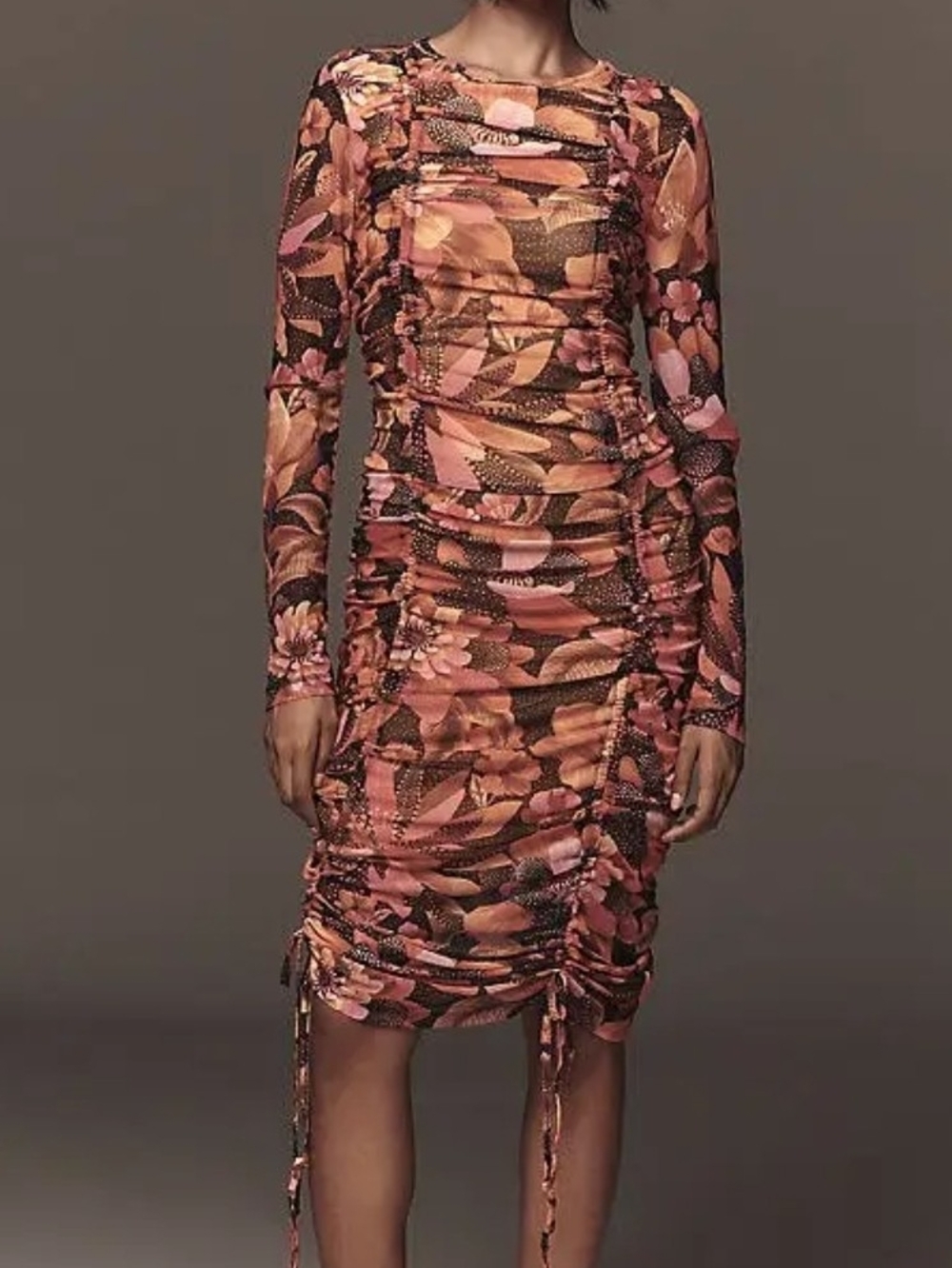FARM Rio Pink & Brown Floral Ruched Long-Sleeve Dress